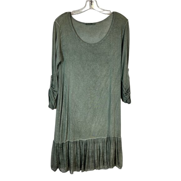 Green Mini Tunic Dress Ruffle Hem Soft Made in Italy Lagenlook Minimalist - Picture 2 of 8